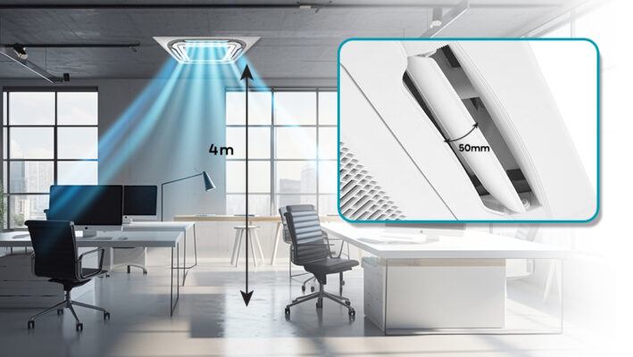 Điều hòa Cassette Casper được thiết kế với cánh dẫn khí lớn rộng 50mm, chiều cao lên đến 4m. Điều hòa Cassette Casper được thiết kế với cánh dẫn khí lớn rộng 50mm, chiều cao lên đến 4m.